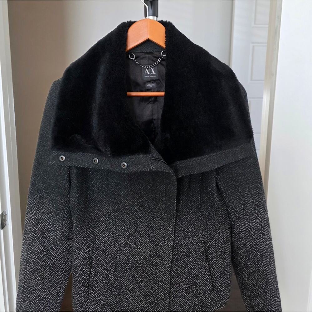 Armani Exchange Ombre Wool Black Jacket Coat Faux Fur Size L - Picture 3 of 7